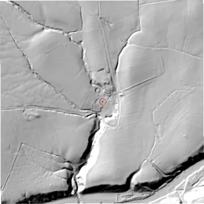 Shaded relief map of the ground around BB74LR, computed from Environment Agency LiDAR. The ground here sits at about 110 m above sea level and falls 44 m across the surrounding 800 m. Surface water reaching this point runs off ground lying to the north-west, 25.6 m higher.