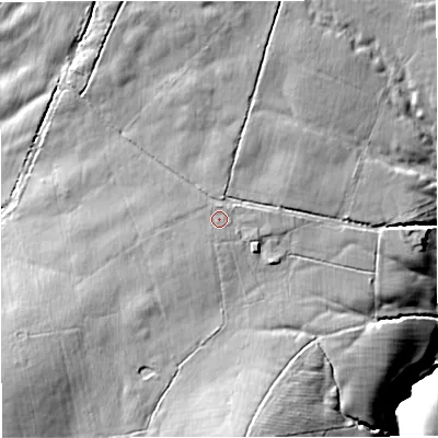 Shaded relief map of the ground around BB74LS, computed from Environment Agency LiDAR. The ground here sits at about 141 m above sea level and falls 35 m across the surrounding 800 m. Surface water reaching this point runs off ground lying to the north-west, 1.0 m higher.