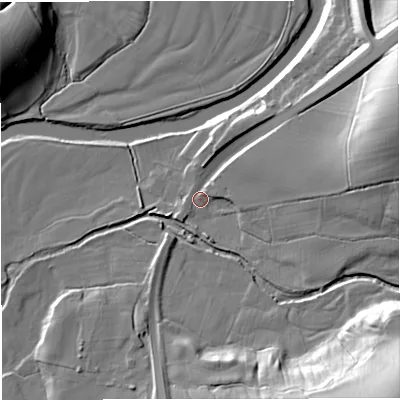 Shaded relief map of the ground around BB74NA, computed from Environment Agency LiDAR. The ground here sits at about 69 m above sea level and falls 33 m across the surrounding 800 m. Surface water reaching this point runs off ground lying to the east-north-east, 22.5 m higher.