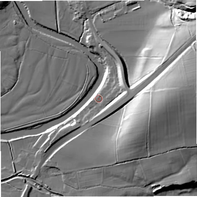 Shaded relief map of the ground around BB74NB, computed from Environment Agency LiDAR. The ground here sits at about 74 m above sea level and falls 39 m across the surrounding 800 m. Surface water reaching this point runs off ground lying to the east-north-east, 9.4 m higher.