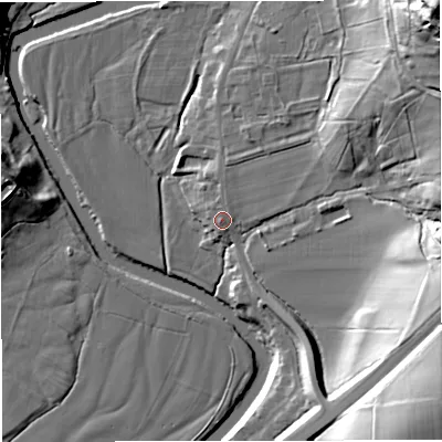 Shaded relief map of the ground around BB74ND, computed from Environment Agency LiDAR. The ground here sits at about 74 m above sea level and falls 55 m across the surrounding 800 m. Surface water reaching this point runs off ground lying to the north-east, 8.8 m higher.