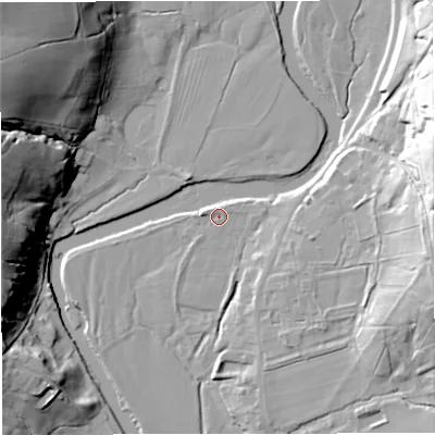 Shaded relief map of the ground around BB74NH, computed from Environment Agency LiDAR. The ground here sits at about 71 m above sea level and falls 39 m across the surrounding 800 m. Surface water reaching this point runs off ground lying to the south-east, 3.8 m higher.