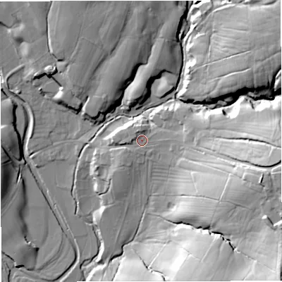 Shaded relief map of the ground around BB74NP, computed from Environment Agency LiDAR. The ground here sits at about 94 m above sea level and falls 49 m across the surrounding 800 m. Surface water reaching this point runs off ground lying to the east, 5.6 m higher.