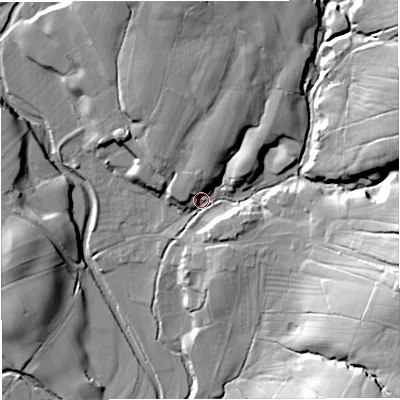 Shaded relief map of the ground around BB74NS, computed from Environment Agency LiDAR. The ground here sits at about 88 m above sea level and falls 36 m across the surrounding 800 m. Surface water reaching this point runs off ground lying to the east-south-east, 26.7 m higher.
