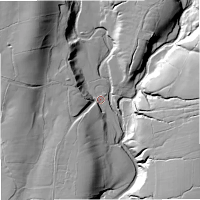 Shaded relief map of the ground around BB74NU, computed from Environment Agency LiDAR. The ground here sits at about 108 m above sea level and falls 45 m across the surrounding 800 m. Surface water reaching this point runs off ground lying to the north-west, 35.4 m higher.