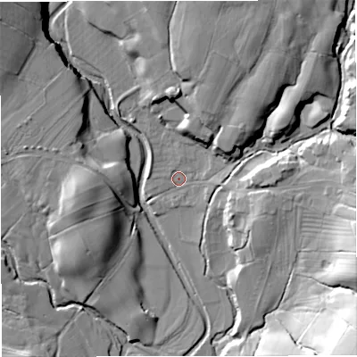 Shaded relief map of the ground around BB74NW, computed from Environment Agency LiDAR. The ground here sits at about 86 m above sea level and falls 33 m across the surrounding 800 m. Surface water reaching this point runs off ground lying to the north-north-east, 16.5 m higher.