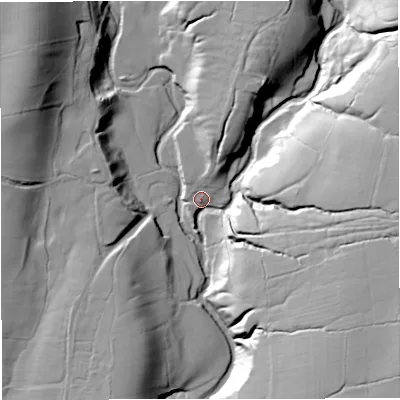 Shaded relief map of the ground around BB74NX, computed from Environment Agency LiDAR. The ground here sits at about 110 m above sea level and falls 44 m across the surrounding 800 m. Surface water reaching this point runs off ground lying to the east-north-east, 38.2 m higher.