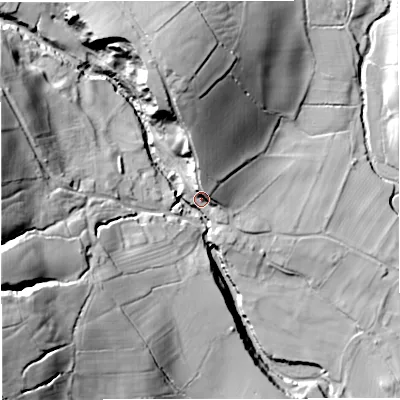 Shaded relief map of the ground around BB74PE, computed from Environment Agency LiDAR. The ground here sits at about 105 m above sea level and falls 59 m across the surrounding 800 m. Surface water reaching this point runs off ground lying to the west-south-west, 44.1 m higher.