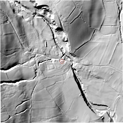 Shaded relief map of the ground around BB74PF, computed from Environment Agency LiDAR. The ground here sits at about 107 m above sea level and falls 69 m across the surrounding 800 m. Surface water reaching this point runs off ground lying to the west-south-west, 48.2 m higher.