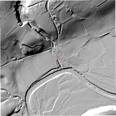 Shaded relief map of the ground around BB74QE, computed from Environment Agency LiDAR. The ground here sits at about 67 m above sea level and falls 50 m across the surrounding 800 m. Surface water reaching this point runs off ground lying to the north-west, 45.3 m higher.