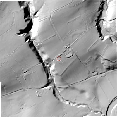Shaded relief map of the ground around BB74QJ, computed from Environment Agency LiDAR. The ground here sits at about 99 m above sea level and falls 72 m across the surrounding 800 m. Surface water reaching this point runs off ground lying to the north-north-west, 22.4 m higher.