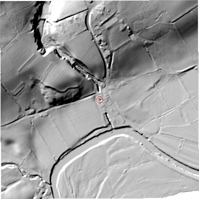 Shaded relief map of the ground around BB74QN, computed from Environment Agency LiDAR. The ground here sits at about 69 m above sea level and falls 56 m across the surrounding 800 m. Surface water reaching this point runs off ground lying to the north-west, 50.6 m higher.
