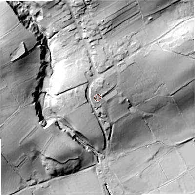 Shaded relief map of the ground around BB74QR, computed from Environment Agency LiDAR. The ground here sits at about 100 m above sea level and falls 62 m across the surrounding 800 m. Surface water reaching this point runs off ground lying to the north-north-east, 7.4 m higher.