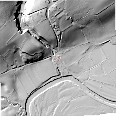 Shaded relief map of the ground around BB74QW, computed from Environment Agency LiDAR. The ground here sits at about 69 m above sea level and falls 54 m across the surrounding 800 m. Surface water reaching this point runs off ground lying to the north-west, 48.6 m higher.