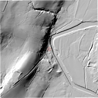 Shaded relief map of the ground around BB74RS, computed from Environment Agency LiDAR. The ground here sits at about 70 m above sea level and falls 65 m across the surrounding 800 m. Surface water reaching this point runs off ground lying to the west-south-west, 40.0 m higher.