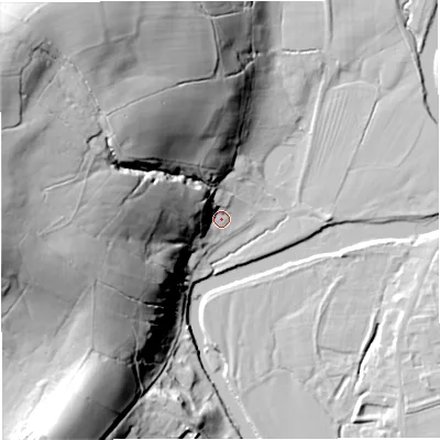 Shaded relief map of the ground around BB74RT, computed from Environment Agency LiDAR. The ground here sits at about 71 m above sea level and falls 56 m across the surrounding 800 m. Surface water reaching this point runs off ground lying to the west, 52.6 m higher.