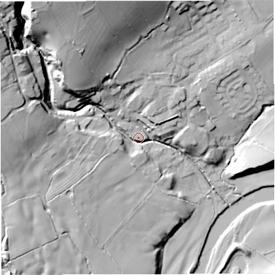 Shaded relief map of the ground around BB74SB, computed from Environment Agency LiDAR. The ground here sits at about 69 m above sea level and falls 48 m across the surrounding 800 m. Surface water reaching this point runs off ground lying to the north-west, 41.2 m higher.