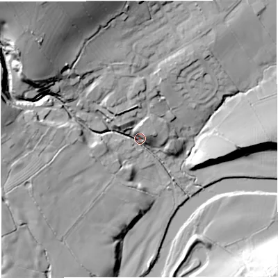 Shaded relief map of the ground around BB74SH, computed from Environment Agency LiDAR. The ground here sits at about 65 m above sea level and falls 45 m across the surrounding 800 m. Surface water reaching this point runs off ground lying to the north-west, 40.9 m higher.