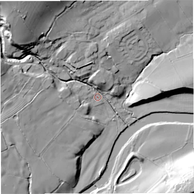 Shaded relief map of the ground around BB74SJ, computed from Environment Agency LiDAR. The ground here sits at about 64 m above sea level and falls 42 m across the surrounding 800 m. Surface water reaching this point runs off ground lying to the north-west, 36.4 m higher.