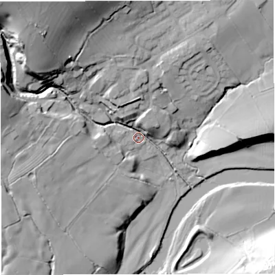 Shaded relief map of the ground around BB74SL, computed from Environment Agency LiDAR. The ground here sits at about 65 m above sea level and falls 44 m across the surrounding 800 m. Surface water reaching this point runs off ground lying to the north-west, 38.9 m higher.