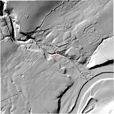 Shaded relief map of the ground around BB74SR, computed from Environment Agency LiDAR. The ground here sits at about 66 m above sea level and falls 45 m across the surrounding 800 m. Surface water reaching this point runs off ground lying to the north-west, 38.7 m higher.