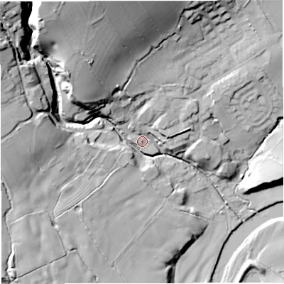 Shaded relief map of the ground around BB74SS, computed from Environment Agency LiDAR. The ground here sits at about 69 m above sea level and falls 50 m across the surrounding 800 m. Surface water reaching this point runs off ground lying to the north-north-west, 38.7 m higher.