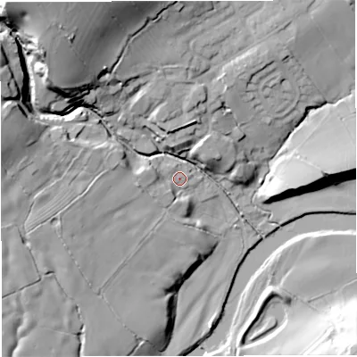 Shaded relief map of the ground around BB74TJ, computed from Environment Agency LiDAR. The ground here sits at about 66 m above sea level and falls 43 m across the surrounding 800 m. Surface water reaching this point runs off ground lying to the west, 6.4 m higher.