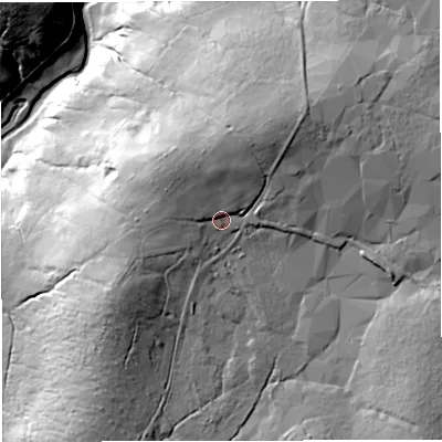 Shaded relief map of the ground around BB74TS, computed from Environment Agency LiDAR. The ground here sits at about 229 m above sea level and falls 61 m across the surrounding 800 m. Surface water reaching this point runs off ground lying to the north-north-east, 13.5 m higher.