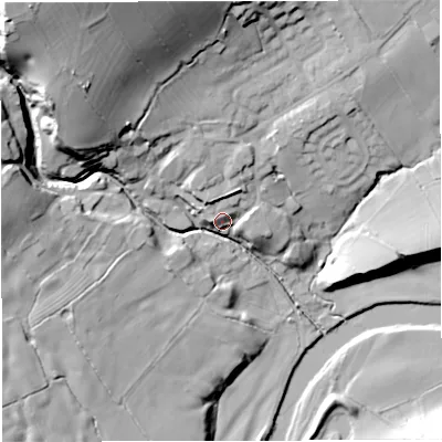 Shaded relief map of the ground around BB74TY, computed from Environment Agency LiDAR. The ground here sits at about 71 m above sea level and falls 48 m across the surrounding 800 m. Surface water reaching this point runs off ground lying to the north-north-east, 9.1 m higher.