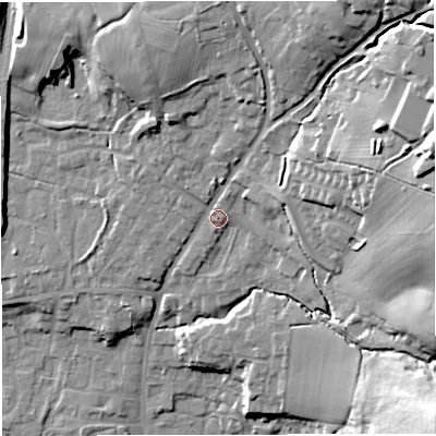 Shaded relief map of the ground around BB79AB, computed from Environment Agency LiDAR. The ground here sits at about 55 m above sea level and falls 33 m across the surrounding 800 m. Surface water reaching this point runs off ground lying to the east-north-east, 21.4 m higher.