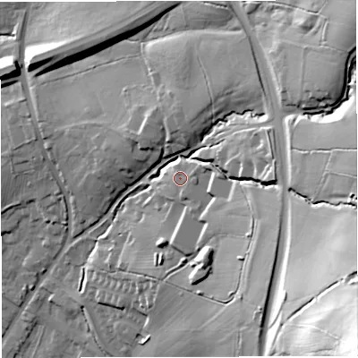 Shaded relief map of the ground around BB79AF, computed from Environment Agency LiDAR. The ground here sits at about 74 m above sea level and falls 77 m across the surrounding 800 m. Surface water reaching this point runs off ground lying to the east-south-east, 7.7 m higher.