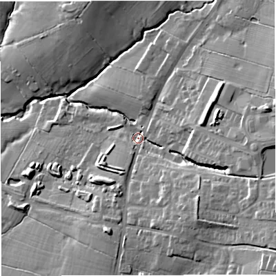 Shaded relief map of the ground around BB79AP, computed from Environment Agency LiDAR. The ground here sits at about 73 m above sea level and falls 27 m across the surrounding 800 m. Surface water reaching this point runs off ground lying to the east-north-east, 17.9 m higher.