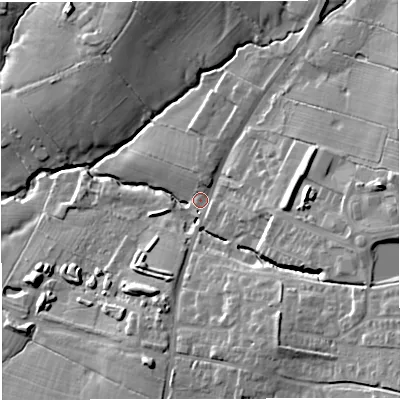 Shaded relief map of the ground around BB79AR, computed from Environment Agency LiDAR. The ground here sits at about 73 m above sea level and falls 27 m across the surrounding 800 m. Surface water reaching this point runs off ground lying to the south-east, 17.9 m higher.