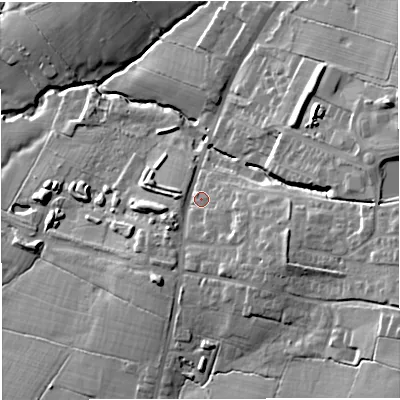 Shaded relief map of the ground around BB79AW, computed from Environment Agency LiDAR. The ground here sits at about 76 m above sea level and falls 27 m across the surrounding 800 m. Surface water reaching this point runs off ground lying to the east-south-east, 9.2 m higher.