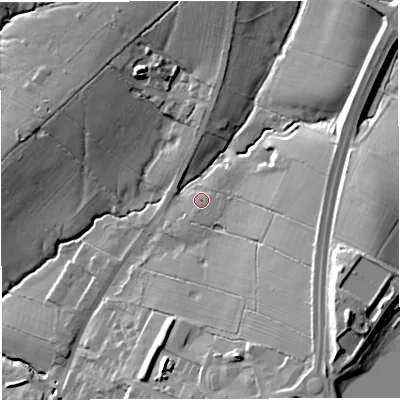 Shaded relief map of the ground around BB79BA, computed from Environment Agency LiDAR. The ground here sits at about 80 m above sea level and falls 33 m across the surrounding 800 m. Surface water reaching this point runs off ground lying to the east, 12.8 m higher.