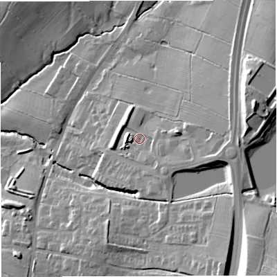 Shaded relief map of the ground around BB79BQ, computed from Environment Agency LiDAR. The ground here sits at about 82 m above sea level and falls 34 m across the surrounding 800 m. Surface water reaching this point runs off ground lying to the east-north-east, 19.4 m higher.