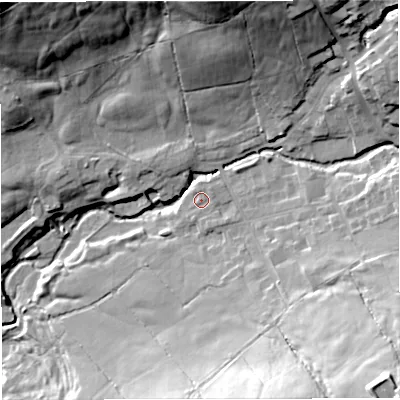 Shaded relief map of the ground around BB79DQ, computed from Environment Agency LiDAR. The ground here sits at about 143 m above sea level and falls 47 m across the surrounding 800 m. Surface water reaching this point runs off ground lying to the south-east, 1.9 m higher.