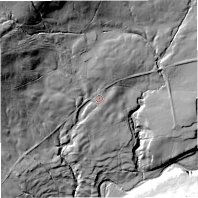 Shaded relief map of the ground around BB79DT, computed from Environment Agency LiDAR. The ground here sits at about 130 m above sea level and falls 79 m across the surrounding 800 m. Surface water reaching this point runs off ground lying to the north, 10.9 m higher.