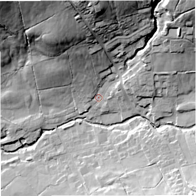 Shaded relief map of the ground around BB79DZ, computed from Environment Agency LiDAR. The ground here sits at about 148 m above sea level and falls 63 m across the surrounding 800 m. Surface water reaching this point runs off ground lying to the north, 46.8 m higher.