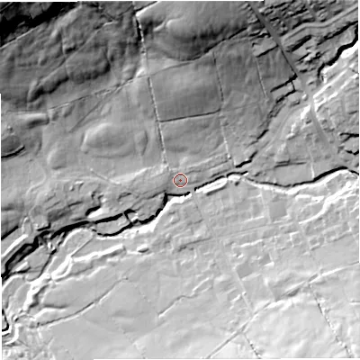 Shaded relief map of the ground around BB79EA, computed from Environment Agency LiDAR. The ground here sits at about 143 m above sea level and falls 66 m across the surrounding 800 m. Surface water reaching this point runs off ground lying to the north-west, 53.6 m higher.