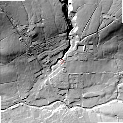 Shaded relief map of the ground around BB79EH, computed from Environment Agency LiDAR. The ground here sits at about 162 m above sea level and falls 78 m across the surrounding 800 m. Surface water reaching this point runs off ground lying to the north-east, 61.0 m higher.