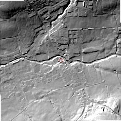 Shaded relief map of the ground around BB79ET, computed from Environment Agency LiDAR. The ground here sits at about 148 m above sea level and falls 59 m across the surrounding 800 m. Surface water reaching this point runs off ground lying to the south-east, 51.9 m higher.