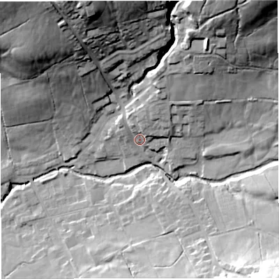Shaded relief map of the ground around BB79EW, computed from Environment Agency LiDAR. The ground here sits at about 152 m above sea level and falls 56 m across the surrounding 800 m. Surface water reaching this point runs off ground lying to the north-north-east, 7.9 m higher.
