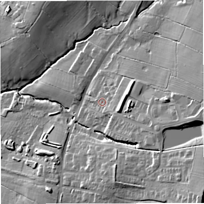Shaded relief map of the ground around BB79FA, computed from Environment Agency LiDAR. The ground here sits at about 77 m above sea level and falls 30 m across the surrounding 800 m. Surface water reaching this point runs off ground lying to the east-south-east, 7.3 m higher.
