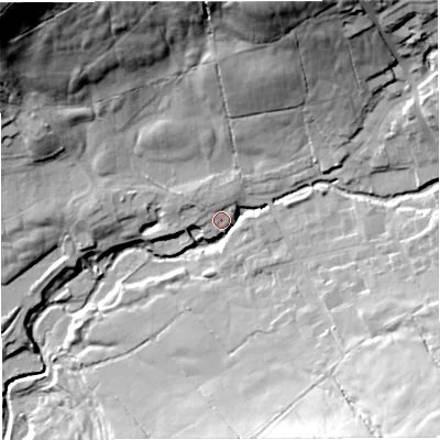 Shaded relief map of the ground around BB79FJ, computed from Environment Agency LiDAR. The ground here sits at about 142 m above sea level and falls 66 m across the surrounding 800 m. Surface water reaching this point runs off ground lying to the north, 6.2 m higher.