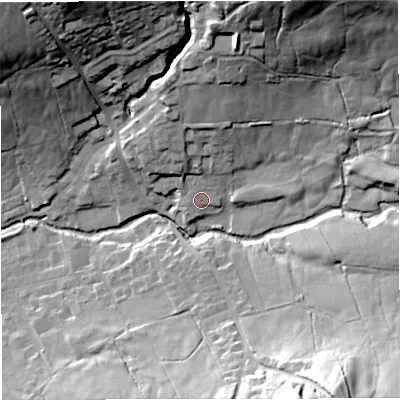Shaded relief map of the ground around BB79FS, computed from Environment Agency LiDAR. The ground here sits at about 151 m above sea level and falls 50 m across the surrounding 800 m. Surface water reaching this point runs off ground lying to the north, 9.5 m higher.