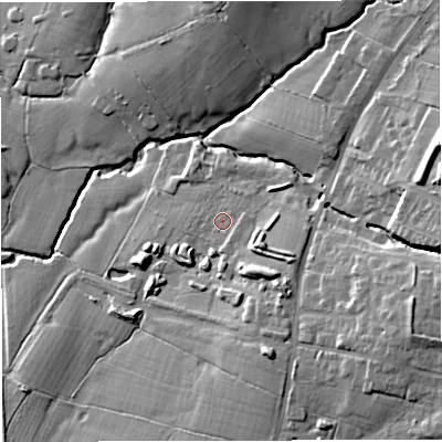 Shaded relief map of the ground around BB79FZ, computed from Environment Agency LiDAR. The ground here sits at about 70 m above sea level and falls 24 m across the surrounding 800 m. Surface water reaching this point runs off ground lying to the east-south-east, 6.8 m higher.
