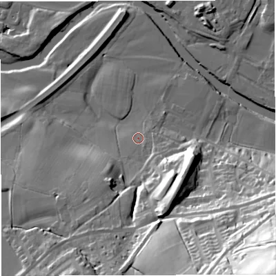 Shaded relief map of the ground around BB79GL, computed from Environment Agency LiDAR. The ground here sits at about 45 m above sea level and falls 74 m across the surrounding 800 m. Surface water reaching this point runs off ground lying to the south, 7.0 m higher.