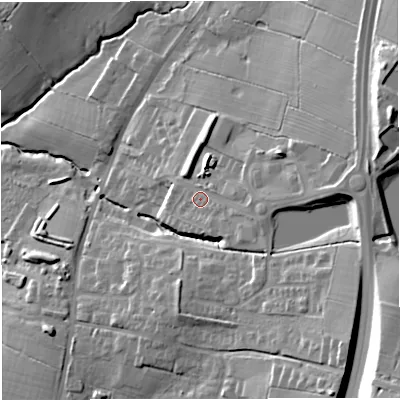 Shaded relief map of the ground around BB79GW, computed from Environment Agency LiDAR. The ground here sits at about 82 m above sea level and falls 35 m across the surrounding 800 m. Surface water reaching this point runs off ground lying to the east, 10.4 m higher.