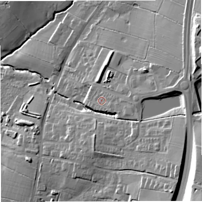 Shaded relief map of the ground around BB79GX, computed from Environment Agency LiDAR. The ground here sits at about 81 m above sea level and falls 35 m across the surrounding 800 m. Surface water reaching this point runs off ground lying to the east-south-east, 12.2 m higher.